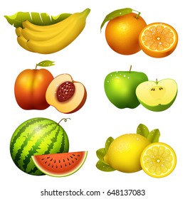 Fresh realistic juicy fruits slice vector illustration 3d organic vegetarian isolated greengrocery fruit.