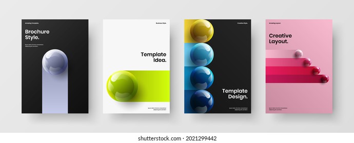 Fresh realistic spheres poster layout composition. Clean magazine cover design vector template collection.