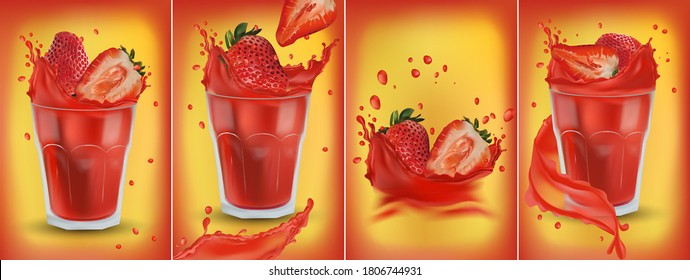 Fresas frescas realistas caen en un vaso con zumo fresco. Zumo de fresa en salpicaduras y gotas. Conjunto de 4 variedades de fresas en salpicadura. Ilustración vectorial 3D para su banner.