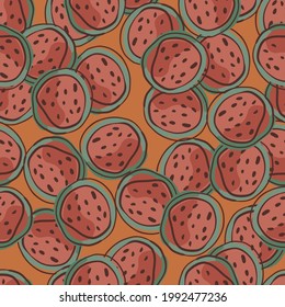 Fresh red abstract watermelon half print seamless pattern. Orange background. Tropical summer food print. Flat vector print for textile, fabric, giftwrap, wallpapers. Endless illustration.