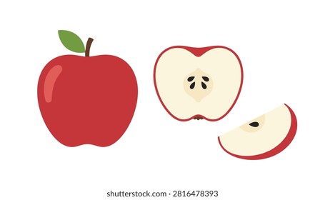 Fresh red apple alongside a halved section and a thin wedge on a simple clean pastel background.