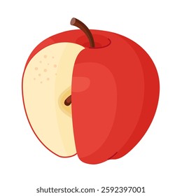 Fresh red apple with cut out segment, fresh garden fruit. Cut apple Hand drawn food clipart, flat style, isolated on transparent background. Red Delicious Vector illustration