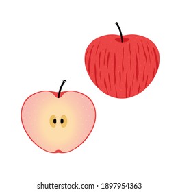 Fresh Red Apple flat color vector illustration. Whole, cutted sweet fruit cartoon design element. Organic healthy dieting food on white background. Template for card, poster, banner, web and print