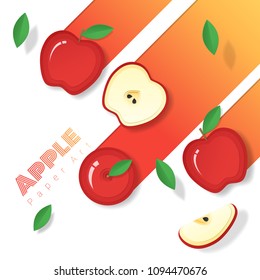 Fresh red apple fruit background in paper art style , vector , illustration