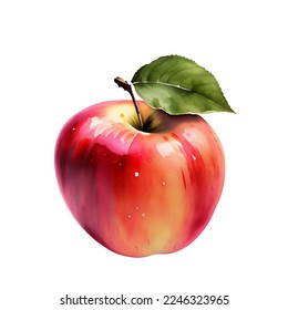 Fresh Red Apple Fruit with Leaf Isolated Beautiful Watercolor Painting Illustration Vector