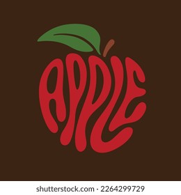 Fresh red apple fruit typography sign. Hand drawn apple word lettering for logo, label, badge, emblem. Glossy colorful sticker. Vector illustration.