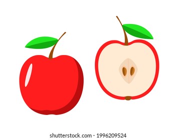 Fresh red apple and half apple, vector illustration of ripe fruit.