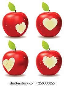 Fresh red apple with heart shaped bite.