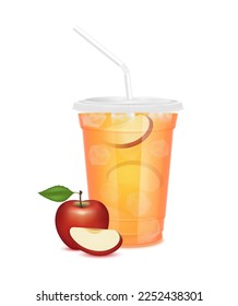 Vidrio de zumo de manzana roja y mitad de rodajas. Jugo de fruta en recipiente transparente transparente transparente transparente tapa plana, hielo y tubo de paja. Para el diseño, hay una cafetería o restaurantes a la carta. Vector 3D realista aislado.