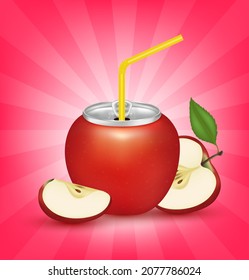 Fresh red apple juice soft drink with lid aluminum can and drinking straw. Isolated on a red background. Healthy fruit drink concept. Realistic 3D vector EPS10 illustration.