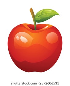 Fresh red apple with leaf on top. Vector cartoon illustration