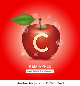 Fresh red apple with letter c and bubbles. Fruit rich of high vitamins minerals for health supplement. 3D Realistic on red background. For nutrition products food. Medical healthy concepts. Vector.