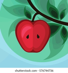 Fresh red apple on summer tree on blue sky background. Vector flat fruit illustration.
