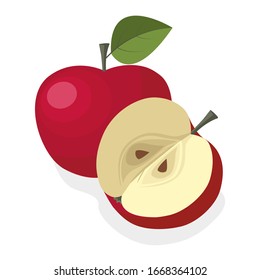 Fresh red apple on a white background. Half an apple of delicious sweet fruit. Can be used as emblem, logo, web print, sticker. Vector illustration
