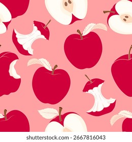 Fresh red apple seamless pattern featuring whole and sliced apples on a soft pink background, perfect for fabric, wrapping, and kitchen-themed designs.