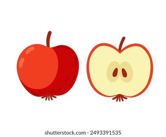 Manzana roja fresca, mostrada entera y cortada para revelar carne jugosa y semillas. Ideal para materiales educativos sobre frutas, contenido de estilo de vida saludable y recetas. Ilustración vectorial aislada en blanco.