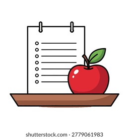A fresh red apple sits next to a blank notepad with a checklist on a wooden surface. This simple composition represents healthy habits, productivity, and education.