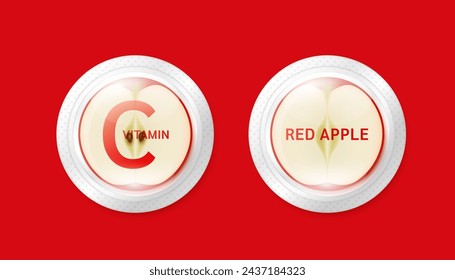 Fresh red apple slice in pill form. High vitamin C fiber beta carotene medicine essential the health care. Natural alternative dietary supplements. Fruits rich in vitamins minerals. Vector.