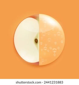 Fresh red apple slice and serum gel solution. Fruits citrus rich in vitamins minerals. High vitamin C natural supplements. Vector EPS10 illustration.