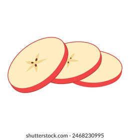 Fresh red apple slices icon. Healthy vegetarian snack, cut apple for design, infographic. Sliced on pieces apple. Hand drawn trendy flat style isolated on white. Vector illustration