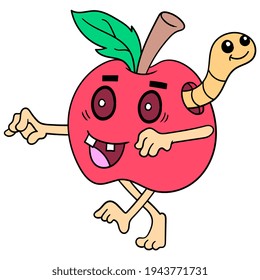 The Fresh Red Apple Turned Into A Zombie Walking Corpse Preying On A Caterpillar, Vector Illustration Art. Doodle Icon Image Kawaii.