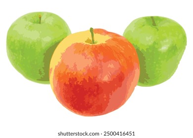 Manzana roja fresca con dos manzanas verdes Ilustración vectorial