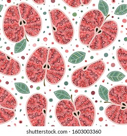 Fresh red apples background, hand drawn. Doodle wallpaper. Colorful seamless pattern with fresh fruits.  For kitchen textile, fabric, paper. 