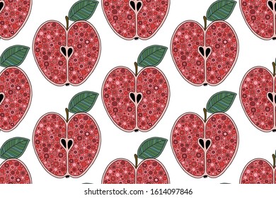 Fresh red apples background, hand drawn. Doodle wallpaper. Colorful seamless pattern with fresh fruits.  For kitchen textile, fabric, paper. 
