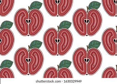 Fresh red apples background, hand drawn. Doodle wallpaper. Colorful seamless pattern with fresh fruits.  For kitchen textile, fabric, paper. 