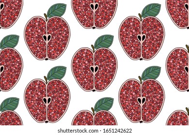 Fresh red apples background, hand drawn. Doodle wallpaper. Colorful seamless pattern with fresh fruits.  For kitchen textile, fabric, paper. 