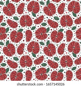 Fresh red apples background, hand drawn. Doodle wallpaper. Colorful seamless pattern with fresh fruits.  For kitchen textile, fabric, paper. 