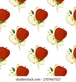 Fresh red apples seamless vector patter. Summer bright fruit background.