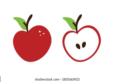 Fresh red apples set, collection. Whole and cut in half apples vector icons, illustration.