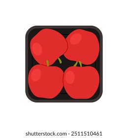 Fresh red apples in square plastic tray, top view of styrofoam box with fruit vector illustration