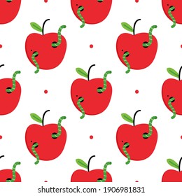 Frische rote Äpfel mit Würmern im Inneren und Punkten Vektorgrafik nahtloser Muster-Hintergrund.