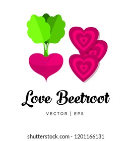 Fresh red beetroot, cut sliced, haulm, vector editable illustration. Flat simple style, heart shape, loving food concept.