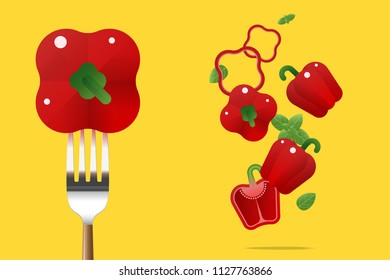 Fresh red bell pepper on fork with flying red bell peppers background , healthy food concept , vector , illustration