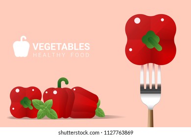 Fresh red bell pepper on fork with pile of red bell peppers background , healthy food concept , vector , illustration