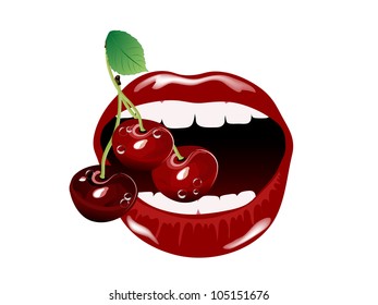 Fresh red cherries in beautiful woman mouth