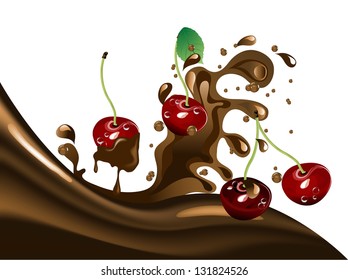 Fresh red cherries  in chocolate splash