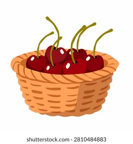 Fresh red cherries in wicker basket in flat vector style for picnic fruit menu icon