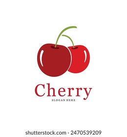 Fresh Red Cherry Fruit Logo Icon. Vector Illustration Cherries Symbol.