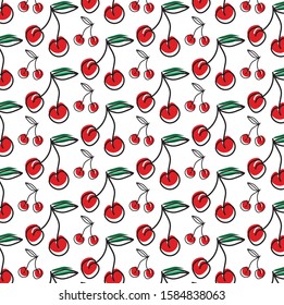Fresh red cherry with leaf on white background seamless pattern