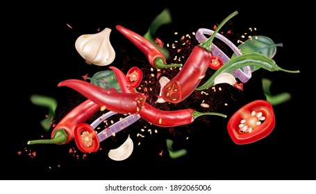 Fresh red chili pepper with chili, garlic splashing elements ads isolated on solid color background. Vector realistic in 3D illustration.