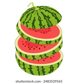 Fresh red chopped watermelon flying in the air. Slice of juicy summer fruit. Healthy vegetarian snack, cut watermelon for design Hand drawn Trendy flat style isolated. Vector illustration