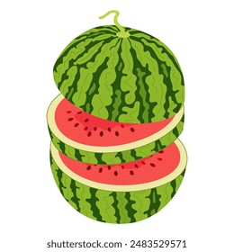 Frische rote gehackte Wassermelone fliegt in der Luft. Ein Stück saftige Sommerfrüchte. Gesunder vegetarischer Snack, geschnittene Wassermelone für Design Hand gezeichnet Trendy flache Stil isoliert. Vektorillustration