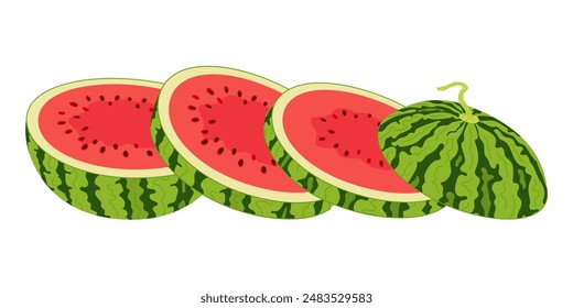 Fresh red chopped watermelon. Slice of juicy summer fruit. Healthy vegetarian snack, cut watermelon for design Hand drawn Trendy flat style isolated. Watermelon Slices Vector illustration