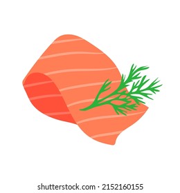 Pescado rojo fresco, eneldo verde. La comida es deliciosa y apetitosa. Cocina y almuerzo. Ilustración vectorial plana aislada en fondo blanco