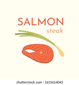 Fresh red fish meat and onion vector icons. Raw Salmon steak textured cartoon style. Organic seafood illustration for food menu Isolated.