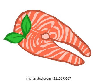 Fresh red fish, spice leaf. Delicious and appetizing food. Cooking and lunch. Flat vector illustration isolated on white background. Hand drawn sketch